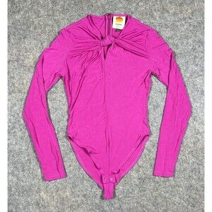 Farm Rio Hot Pink Long Sleeve Bodysuit Women’s XS Knot Twist Zip Close Bright